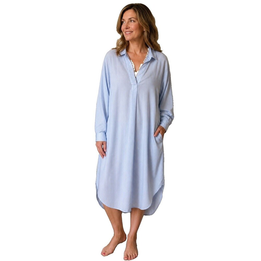H&M Sz M Striped Long Nightshirt V Neck Cooling Tencel Lyocell Loose Nightgown